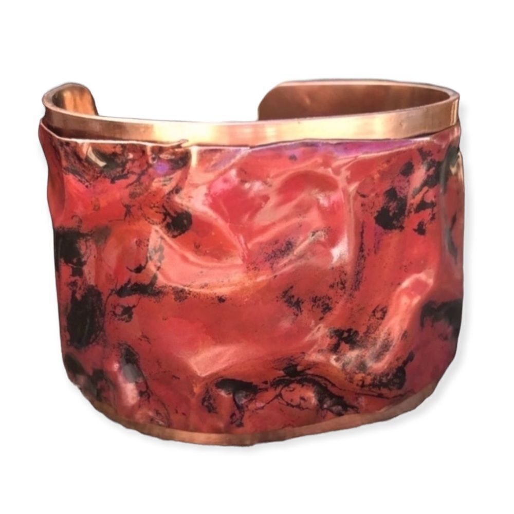 Red Torched Shingle Hammered Dual-Layer Bold Cuff Bracelet - NEW USA Handmade